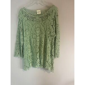 Bedford Fair Sage Green Crochet Lace Lined Tunic Top 3/4 Sleeve Size L